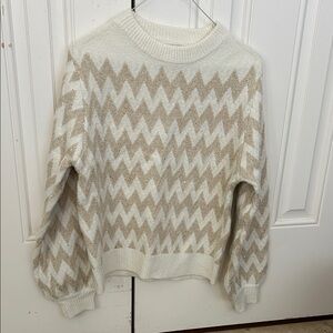 Chevron Patterned Sequined Cream and Tan Sweater